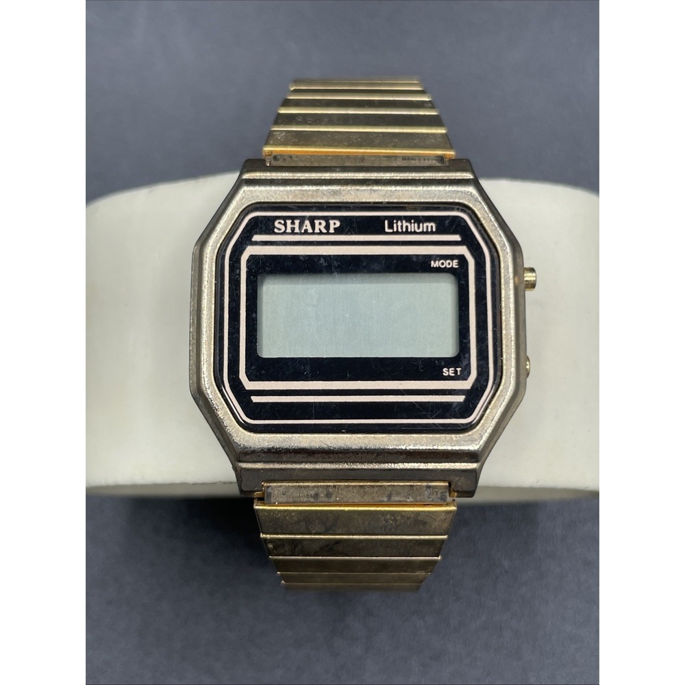 Vintage Sharp LCD Digital Watch Gold-Tone 445-947 Hong Kong Retro As-Is